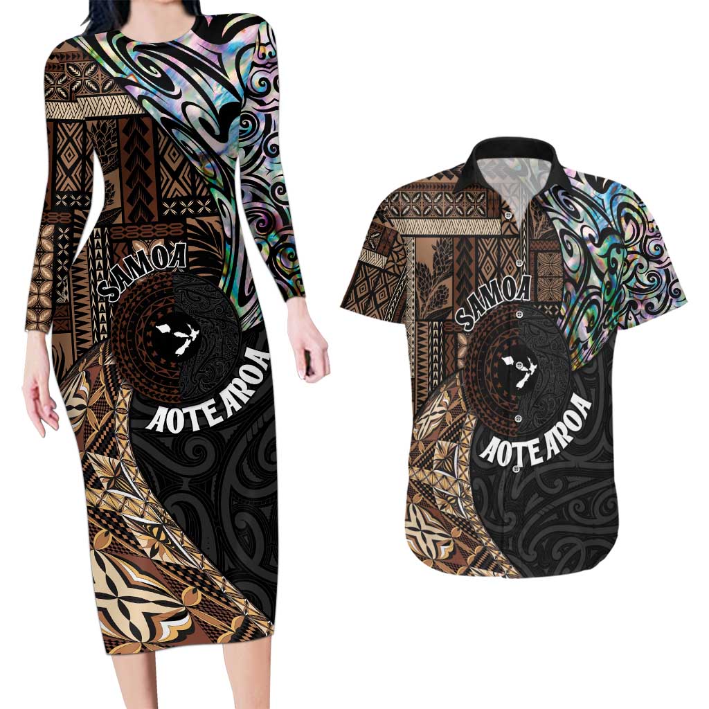 Samoa and New Zealand Together Couples Matching Long Sleeve Bodycon Dress and Hawaiian Shirt Siapo Motif and Maori Paua Shell Pattern LT03 Black - Polynesian Pride
