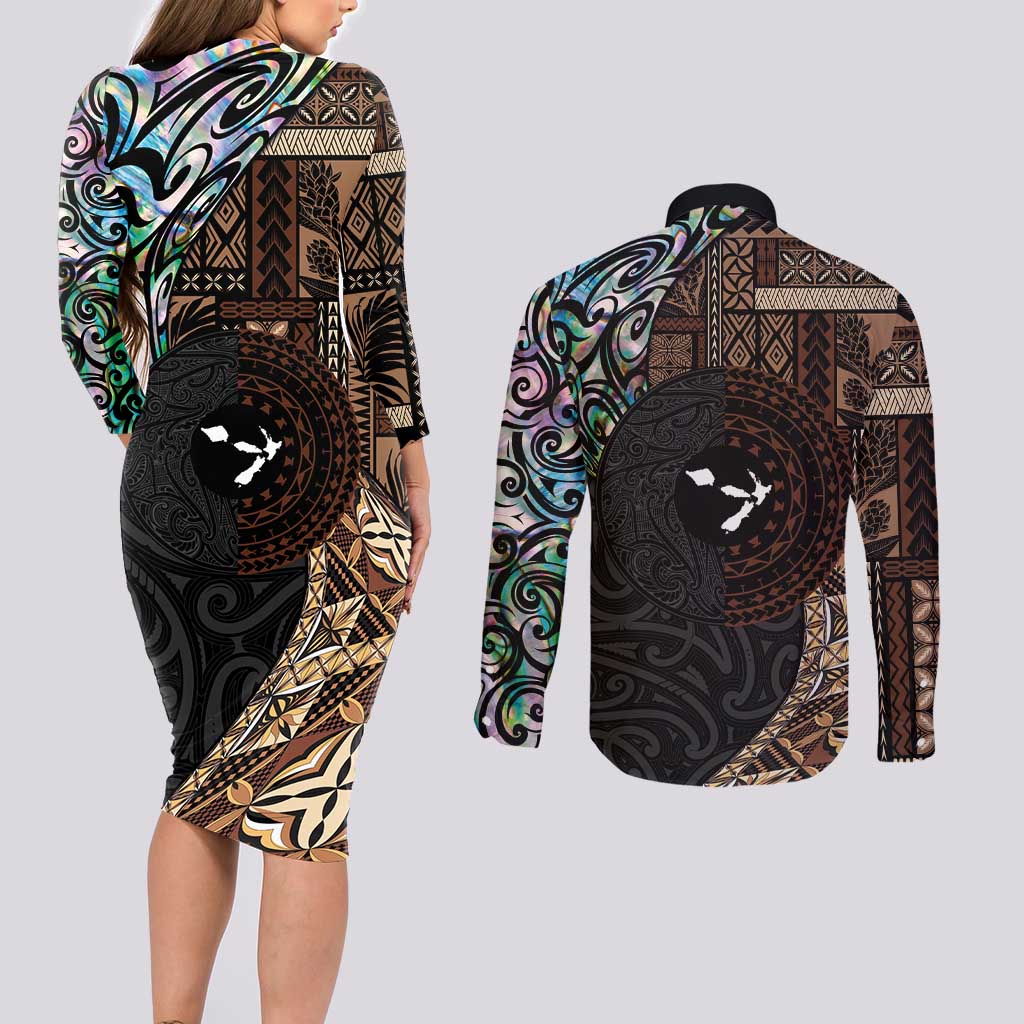 Samoa and New Zealand Together Couples Matching Long Sleeve Bodycon Dress and Long Sleeve Button Shirt Siapo Motif and Maori Paua Shell Pattern LT03 - Polynesian Pride