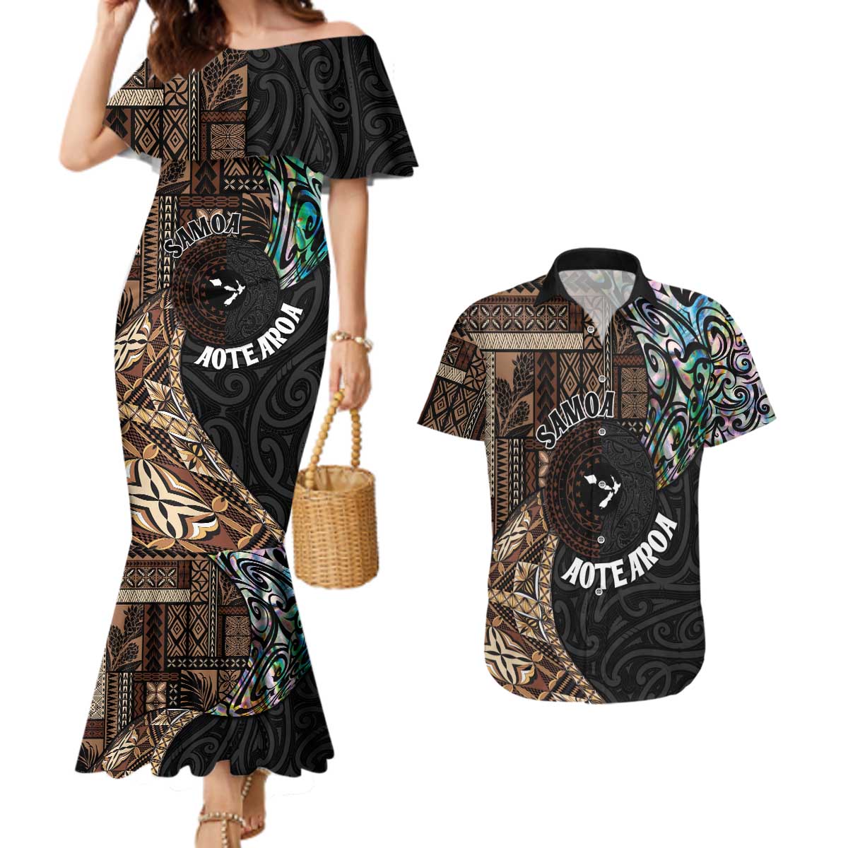 Samoa and New Zealand Together Couples Matching Mermaid Dress and Hawaiian Shirt Siapo Motif and Maori Paua Shell Pattern LT03 Black - Polynesian Pride