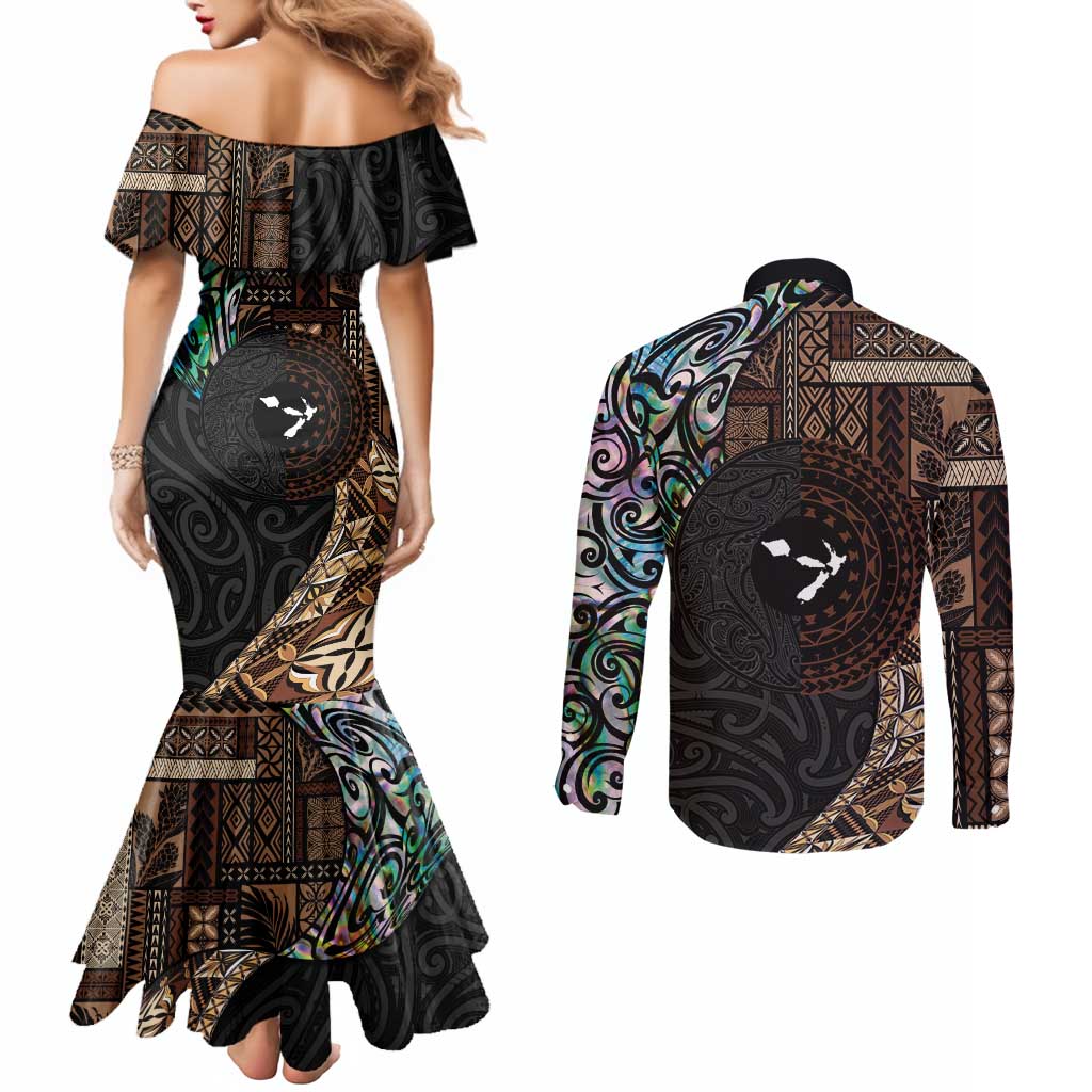 Samoa and New Zealand Together Couples Matching Mermaid Dress and Long Sleeve Button Shirt Siapo Motif and Maori Paua Shell Pattern LT03 - Polynesian Pride