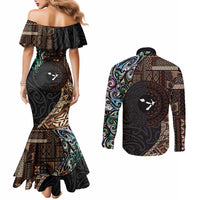 Samoa and New Zealand Together Couples Matching Mermaid Dress and Long Sleeve Button Shirt Siapo Motif and Maori Paua Shell Pattern LT03 - Polynesian Pride