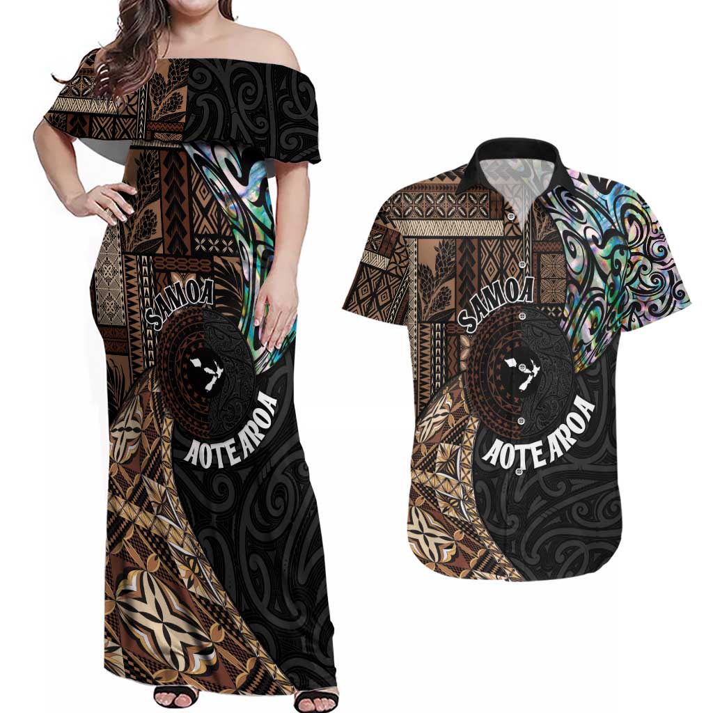 Samoa and New Zealand Together Couples Matching Off Shoulder Maxi Dress and Hawaiian Shirt Siapo Motif and Maori Paua Shell Pattern LT03 Black - Polynesian Pride