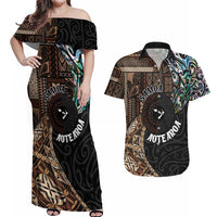 Samoa and New Zealand Together Couples Matching Off Shoulder Maxi Dress and Hawaiian Shirt Siapo Motif and Maori Paua Shell Pattern LT03 Black - Polynesian Pride
