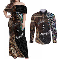 Samoa and New Zealand Together Couples Matching Off Shoulder Maxi Dress and Long Sleeve Button Shirt Siapo Motif and Maori Paua Shell Pattern LT03 Black - Polynesian Pride