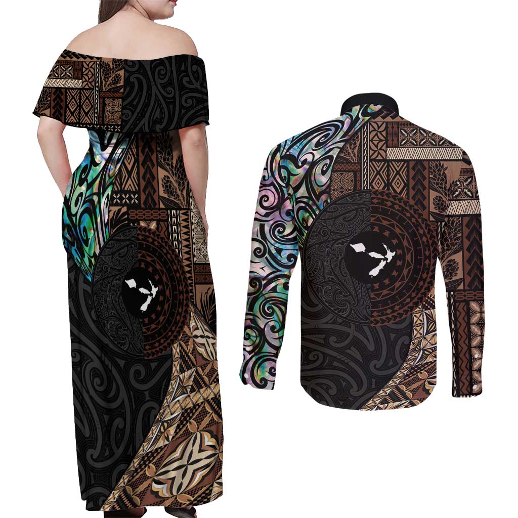 Samoa and New Zealand Together Couples Matching Off Shoulder Maxi Dress and Long Sleeve Button Shirt Siapo Motif and Maori Paua Shell Pattern LT03 - Polynesian Pride