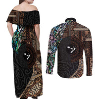 Samoa and New Zealand Together Couples Matching Off Shoulder Maxi Dress and Long Sleeve Button Shirt Siapo Motif and Maori Paua Shell Pattern LT03 - Polynesian Pride