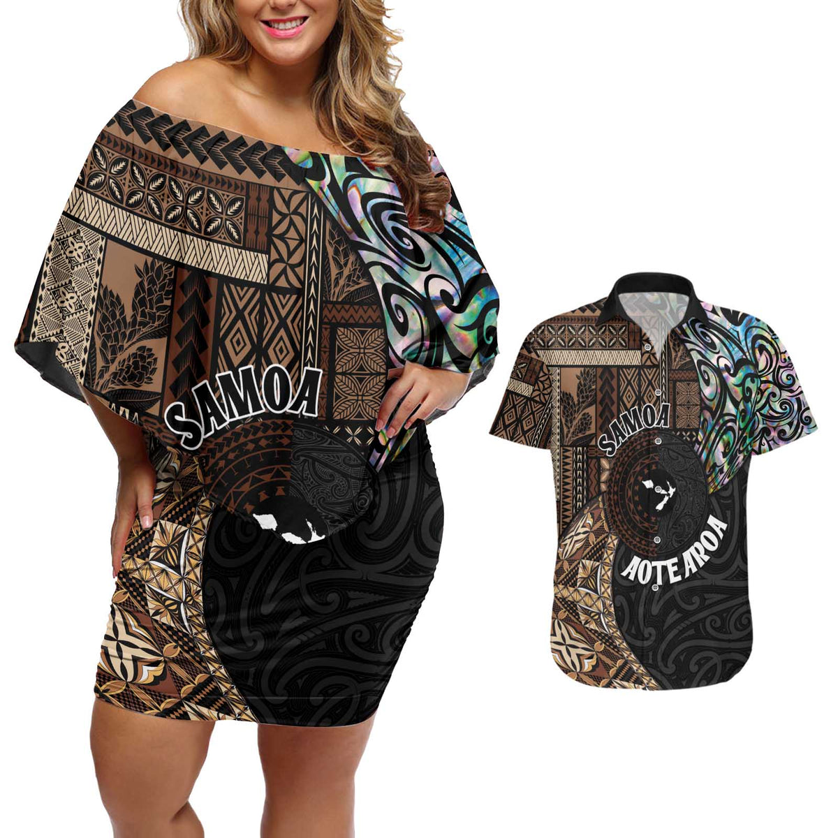 Samoa and New Zealand Together Couples Matching Off Shoulder Short Dress and Hawaiian Shirt Siapo Motif and Maori Paua Shell Pattern LT03 Black - Polynesian Pride
