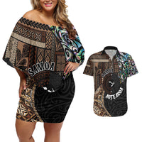 Samoa and New Zealand Together Couples Matching Off Shoulder Short Dress and Hawaiian Shirt Siapo Motif and Maori Paua Shell Pattern LT03 Black - Polynesian Pride