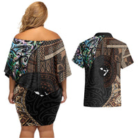 Samoa and New Zealand Together Couples Matching Off Shoulder Short Dress and Hawaiian Shirt Siapo Motif and Maori Paua Shell Pattern LT03 - Polynesian Pride