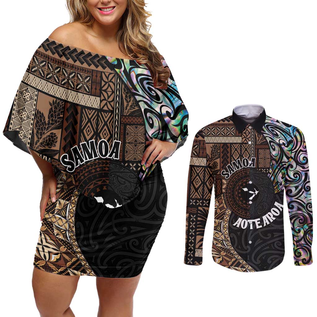 Samoa and New Zealand Together Couples Matching Off Shoulder Short Dress and Long Sleeve Button Shirt Siapo Motif and Maori Paua Shell Pattern LT03 Black - Polynesian Pride