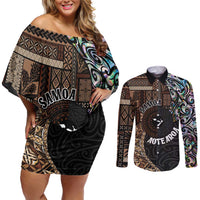 Samoa and New Zealand Together Couples Matching Off Shoulder Short Dress and Long Sleeve Button Shirt Siapo Motif and Maori Paua Shell Pattern LT03 Black - Polynesian Pride