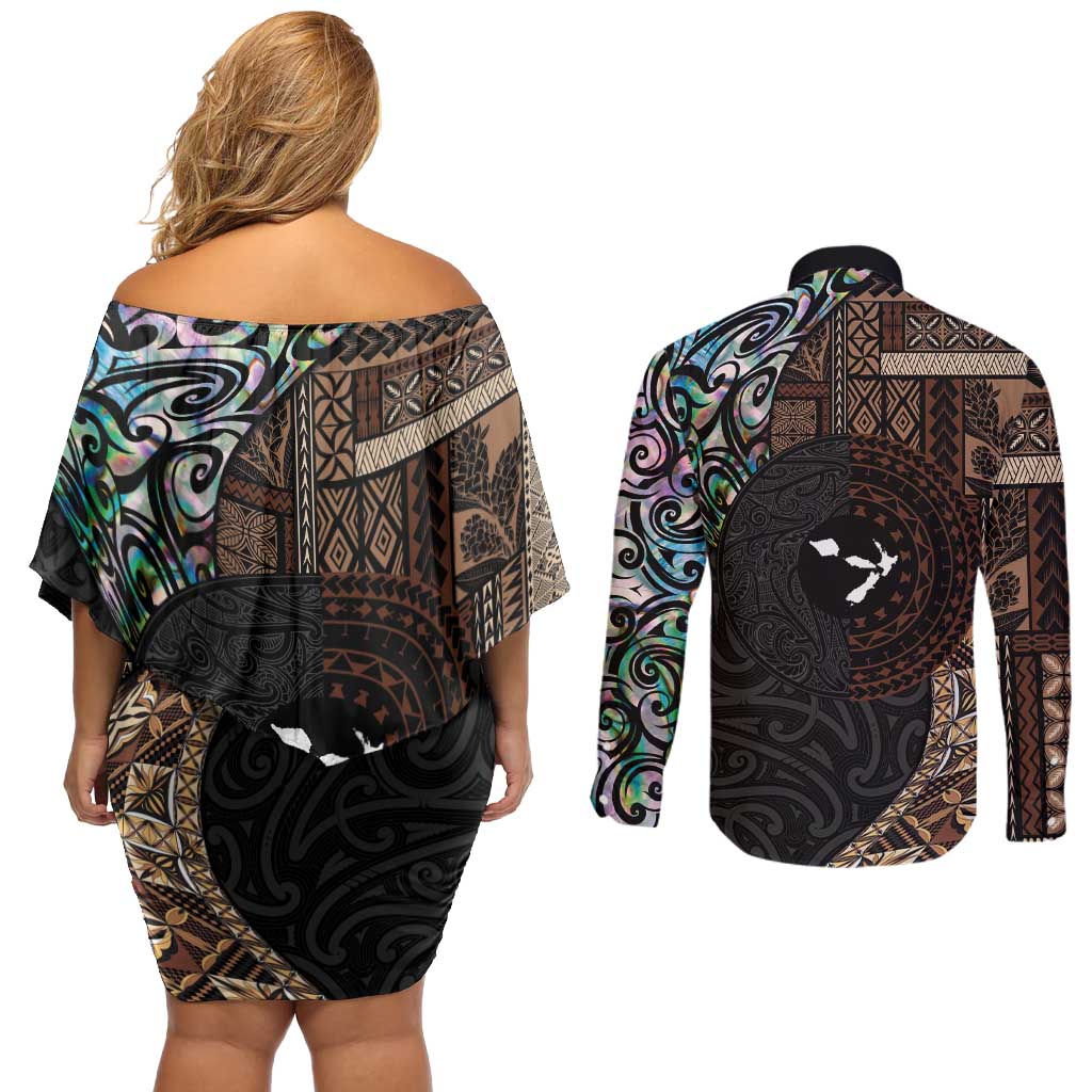 Samoa and New Zealand Together Couples Matching Off Shoulder Short Dress and Long Sleeve Button Shirt Siapo Motif and Maori Paua Shell Pattern LT03 - Polynesian Pride
