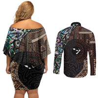 Samoa and New Zealand Together Couples Matching Off Shoulder Short Dress and Long Sleeve Button Shirt Siapo Motif and Maori Paua Shell Pattern LT03 - Polynesian Pride