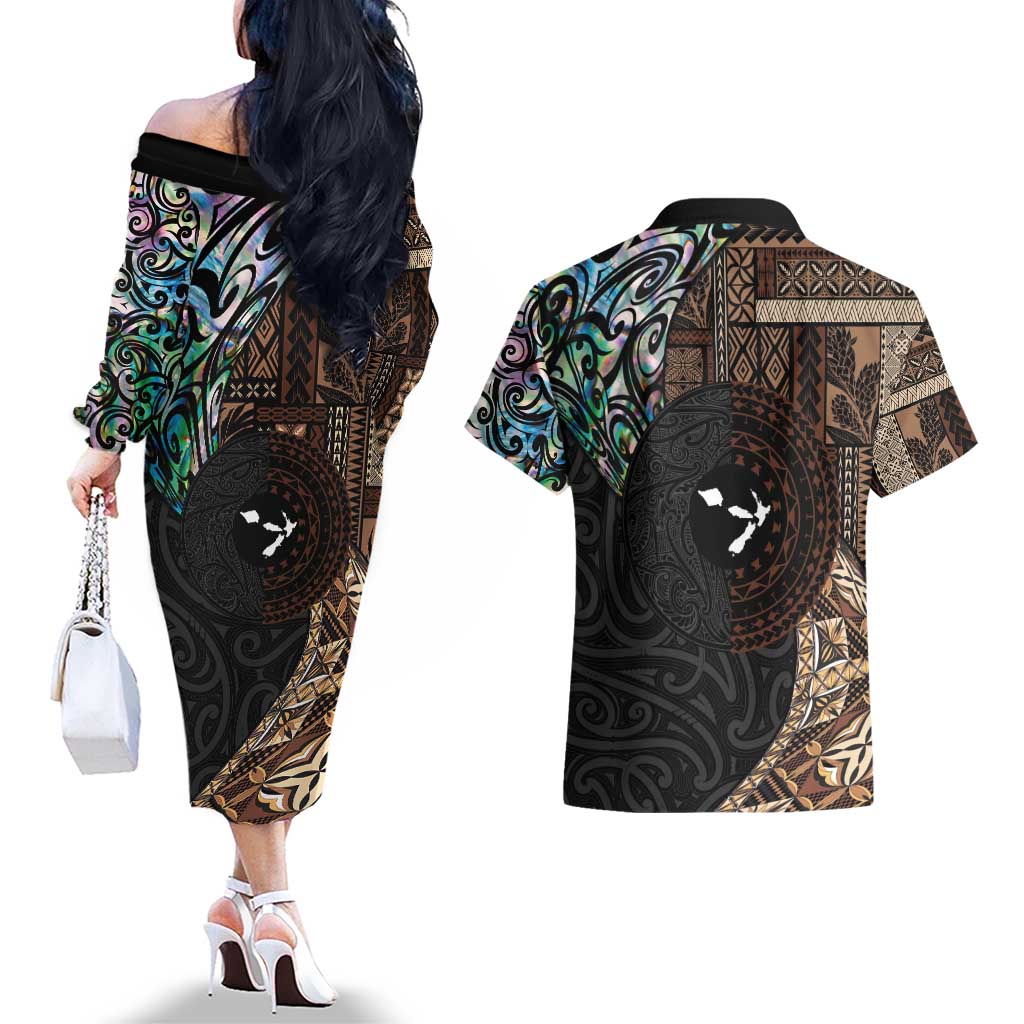 Samoa and New Zealand Together Couples Matching Off The Shoulder Long Sleeve Dress and Hawaiian Shirt Siapo Motif and Maori Paua Shell Pattern LT03 - Polynesian Pride