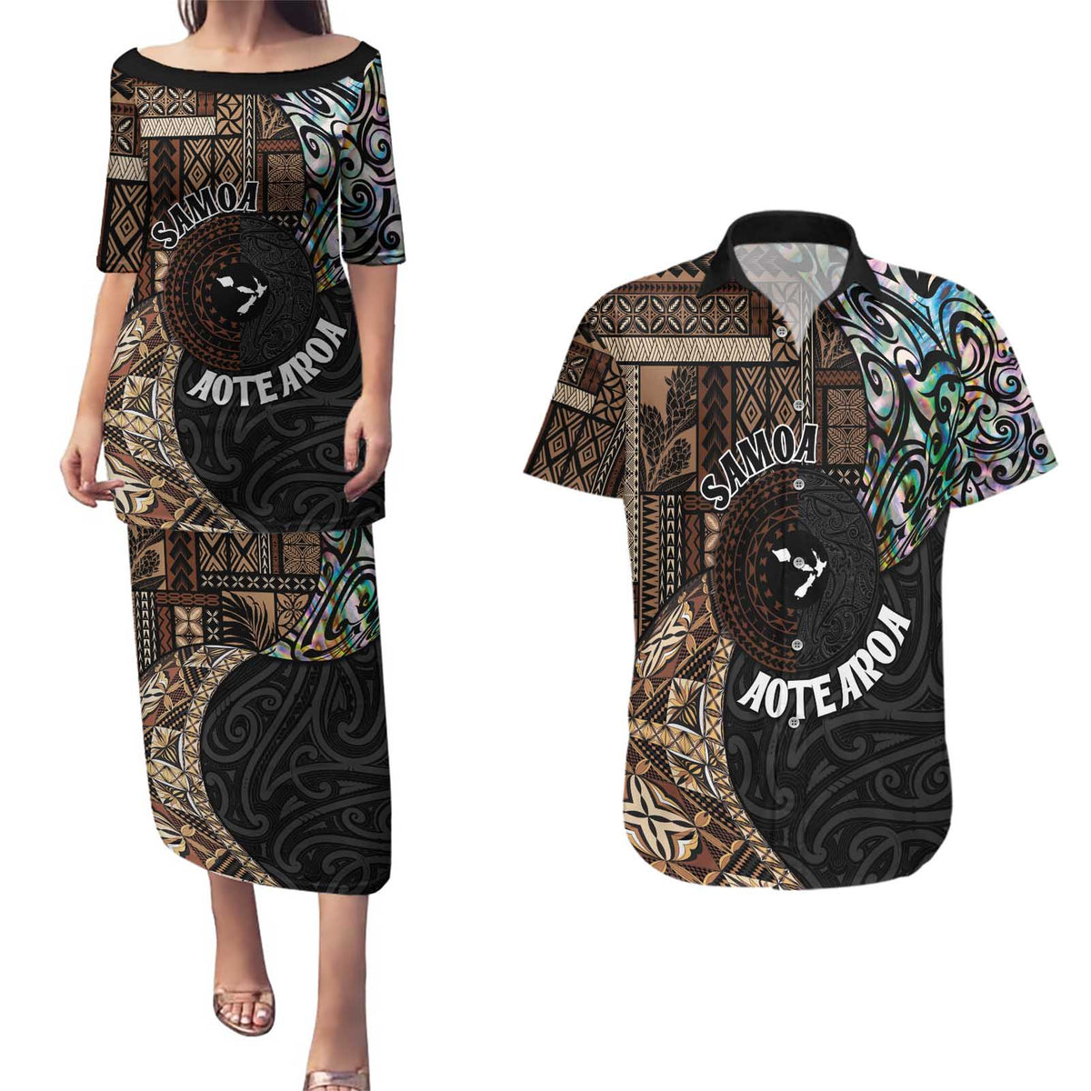 Samoa and New Zealand Together Couples Matching Puletasi and Hawaiian Shirt Siapo Motif and Maori Paua Shell Pattern LT03 Black - Polynesian Pride