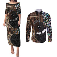 Samoa and New Zealand Together Couples Matching Puletasi and Long Sleeve Button Shirt Siapo Motif and Maori Paua Shell Pattern LT03 Black - Polynesian Pride