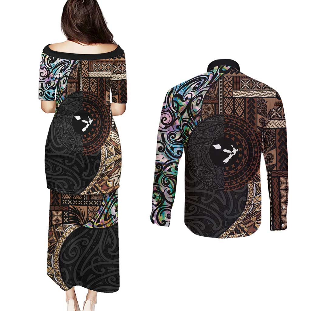 Samoa and New Zealand Together Couples Matching Puletasi and Long Sleeve Button Shirt Siapo Motif and Maori Paua Shell Pattern LT03 - Polynesian Pride