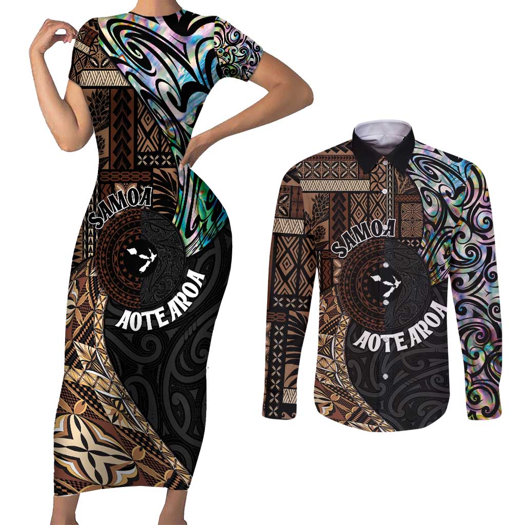 Samoa and New Zealand Together Couples Matching Short Sleeve Bodycon Dress and Long Sleeve Button Shirt Siapo Motif and Maori Paua Shell Pattern LT03 Black - Polynesian Pride