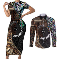 Samoa and New Zealand Together Couples Matching Short Sleeve Bodycon Dress and Long Sleeve Button Shirt Siapo Motif and Maori Paua Shell Pattern LT03 Black - Polynesian Pride