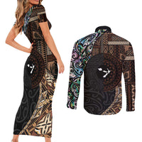 Samoa and New Zealand Together Couples Matching Short Sleeve Bodycon Dress and Long Sleeve Button Shirt Siapo Motif and Maori Paua Shell Pattern LT03 - Polynesian Pride