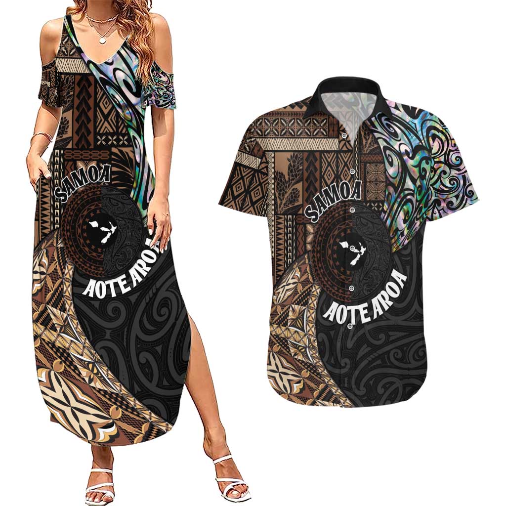 Samoa and New Zealand Together Couples Matching Summer Maxi Dress and Hawaiian Shirt Siapo Motif and Maori Paua Shell Pattern LT03 Black - Polynesian Pride