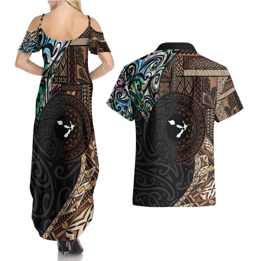 Samoa and New Zealand Together Couples Matching Summer Maxi Dress and Hawaiian Shirt Siapo Motif and Maori Paua Shell Pattern LT03 - Polynesian Pride