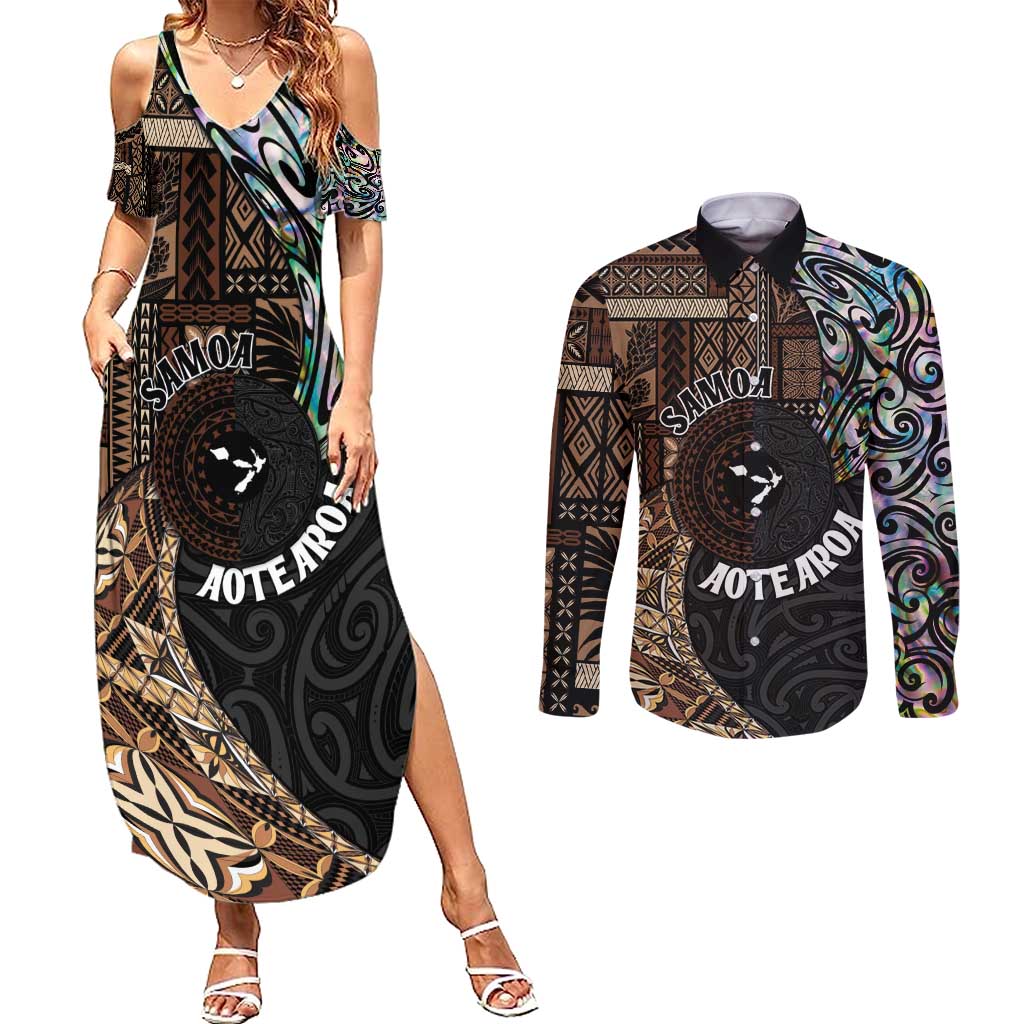 Samoa and New Zealand Together Couples Matching Summer Maxi Dress and Long Sleeve Button Shirt Siapo Motif and Maori Paua Shell Pattern LT03 Black - Polynesian Pride
