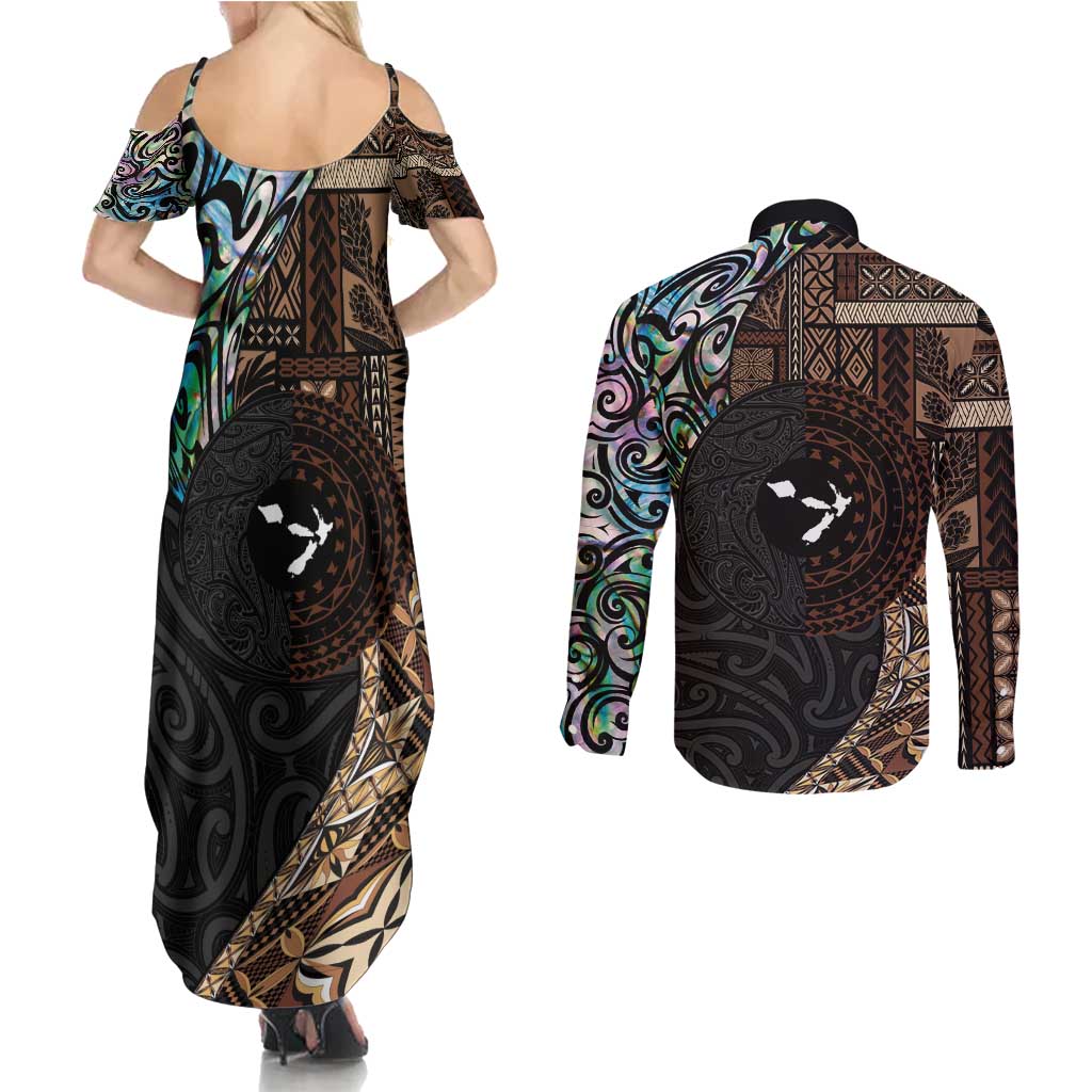 Samoa and New Zealand Together Couples Matching Summer Maxi Dress and Long Sleeve Button Shirt Siapo Motif and Maori Paua Shell Pattern LT03 - Polynesian Pride