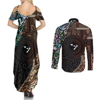 Samoa and New Zealand Together Couples Matching Summer Maxi Dress and Long Sleeve Button Shirt Siapo Motif and Maori Paua Shell Pattern LT03 - Polynesian Pride
