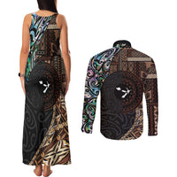 Samoa and New Zealand Together Couples Matching Tank Maxi Dress and Long Sleeve Button Shirt Siapo Motif and Maori Paua Shell Pattern LT03 - Polynesian Pride