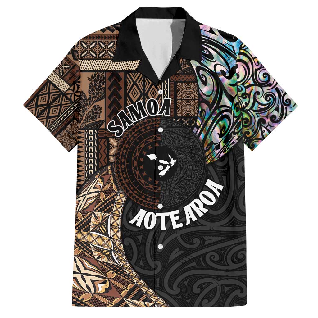 Samoa and New Zealand Together Family Matching Long Sleeve Bodycon Dress and Hawaiian Shirt Siapo Motif and Maori Paua Shell Pattern LT03 Dad's Shirt - Short Sleeve Black - Polynesian Pride