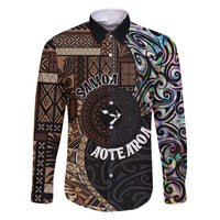 Samoa and New Zealand Together Family Matching Long Sleeve Bodycon Dress and Hawaiian Shirt Siapo Motif and Maori Paua Shell Pattern LT03 Dad's Shirt - Long Sleeve Black - Polynesian Pride