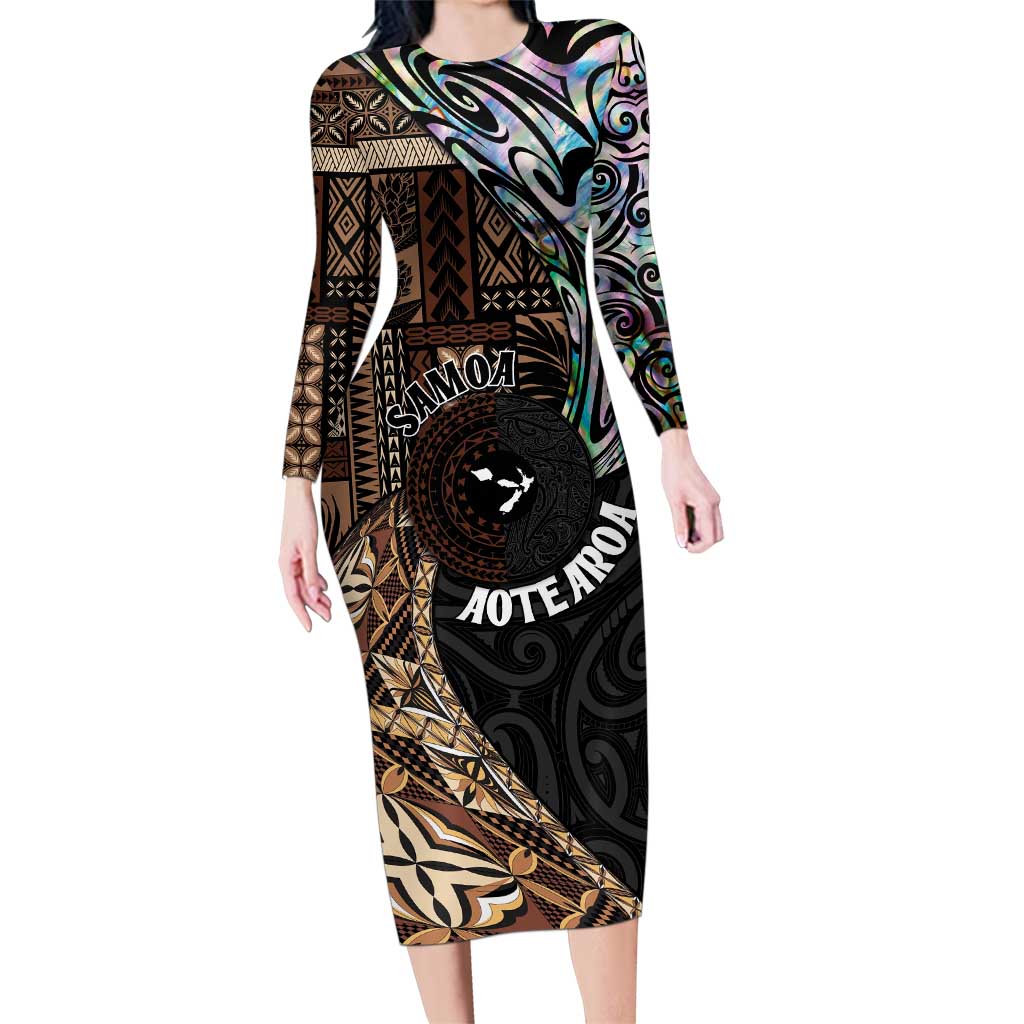 Samoa and New Zealand Together Family Matching Long Sleeve Bodycon Dress and Hawaiian Shirt Siapo Motif and Maori Paua Shell Pattern LT03 Mom's Dress Black - Polynesian Pride