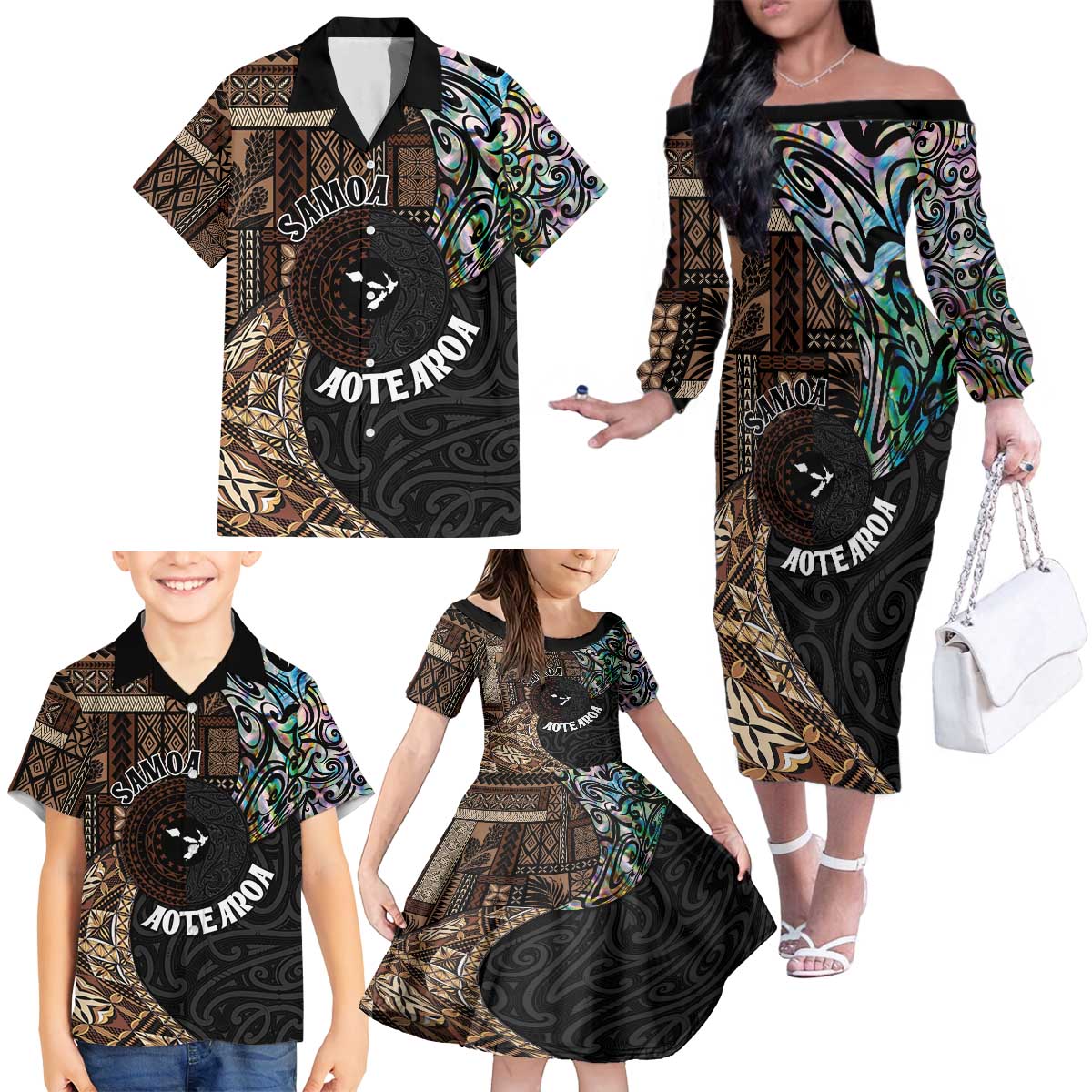 Samoa and New Zealand Together Family Matching Off The Shoulder Long Sleeve Dress and Hawaiian Shirt Siapo Motif and Maori Paua Shell Pattern LT03 - Polynesian Pride