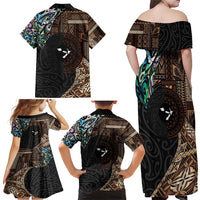 Samoa and New Zealand Together Family Matching Off Shoulder Maxi Dress and Hawaiian Shirt Siapo Motif and Maori Paua Shell Pattern LT03 - Polynesian Pride