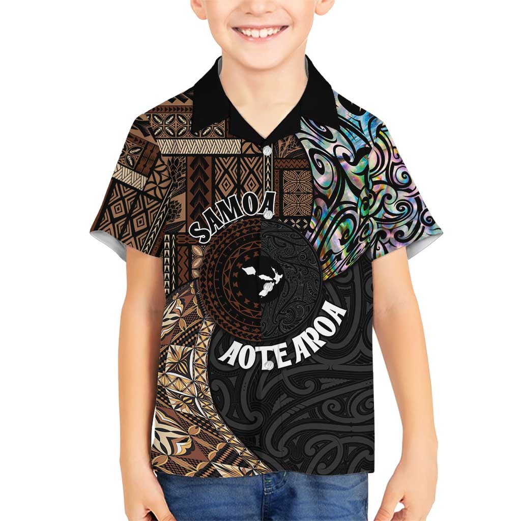 Samoa and New Zealand Together Family Matching Off Shoulder Maxi Dress and Hawaiian Shirt Siapo Motif and Maori Paua Shell Pattern LT03 Son's Shirt Black - Polynesian Pride