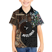 Samoa and New Zealand Together Family Matching Off Shoulder Maxi Dress and Hawaiian Shirt Siapo Motif and Maori Paua Shell Pattern LT03 Son's Shirt Black - Polynesian Pride