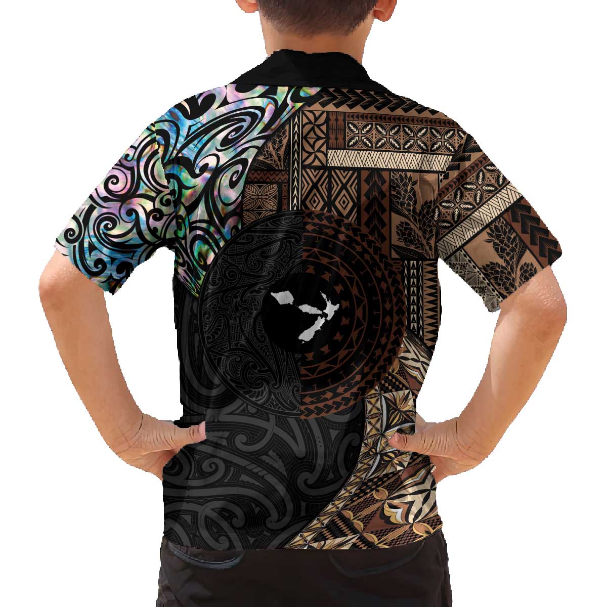 Samoa and New Zealand Together Family Matching Off Shoulder Short Dress and Hawaiian Shirt Siapo Motif and Maori Paua Shell Pattern LT03 - Polynesian Pride