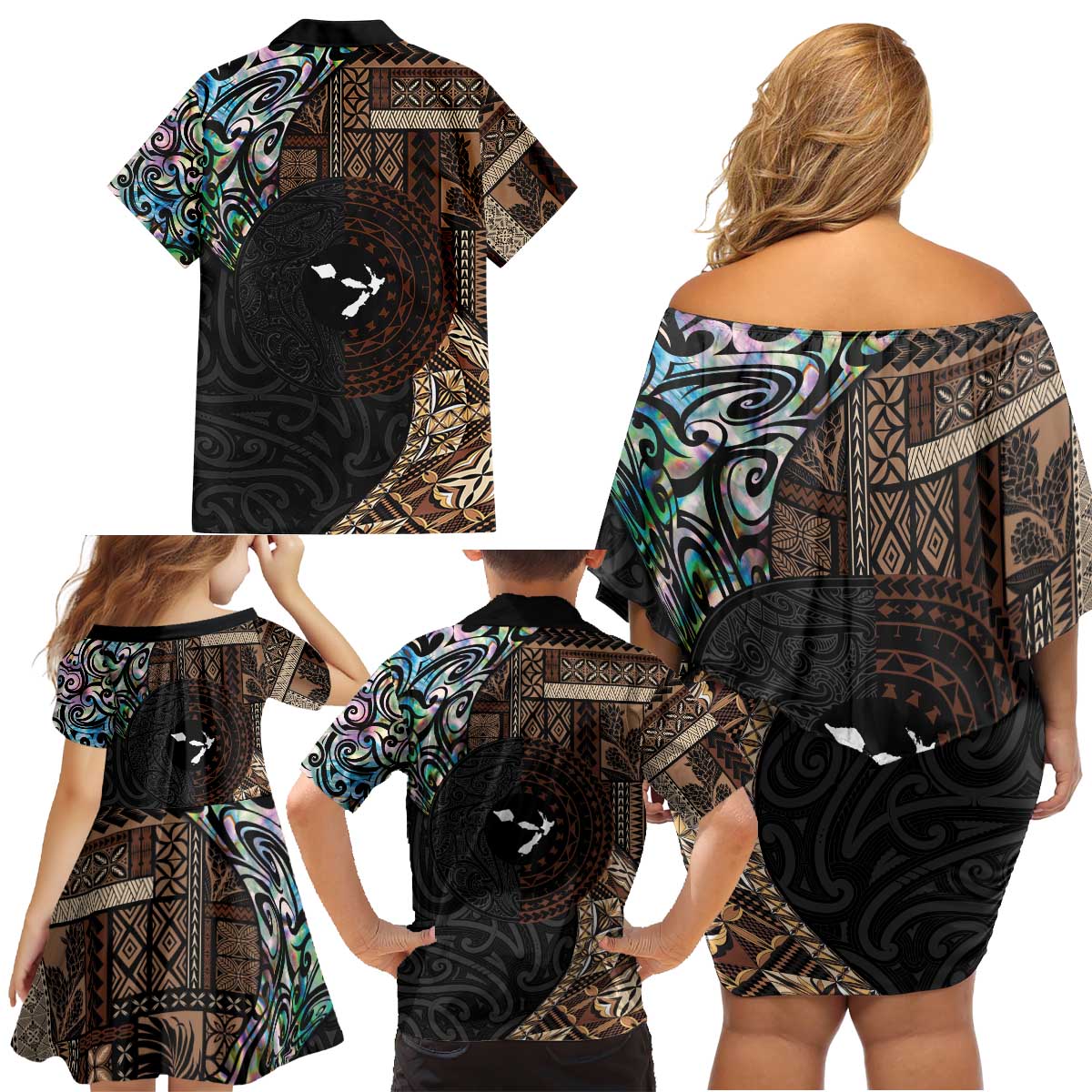 Samoa and New Zealand Together Family Matching Off Shoulder Short Dress and Hawaiian Shirt Siapo Motif and Maori Paua Shell Pattern LT03 - Polynesian Pride