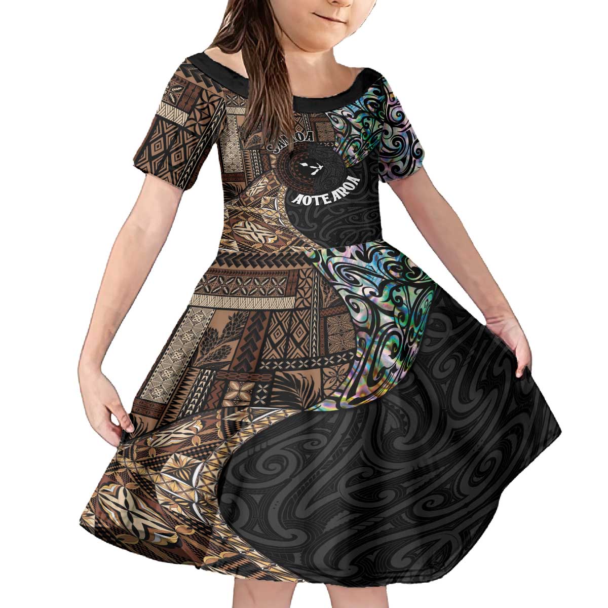 Samoa and New Zealand Together Family Matching Puletasi and Hawaiian Shirt Siapo Motif and Maori Paua Shell Pattern LT03 Daughter's Dress Black - Polynesian Pride