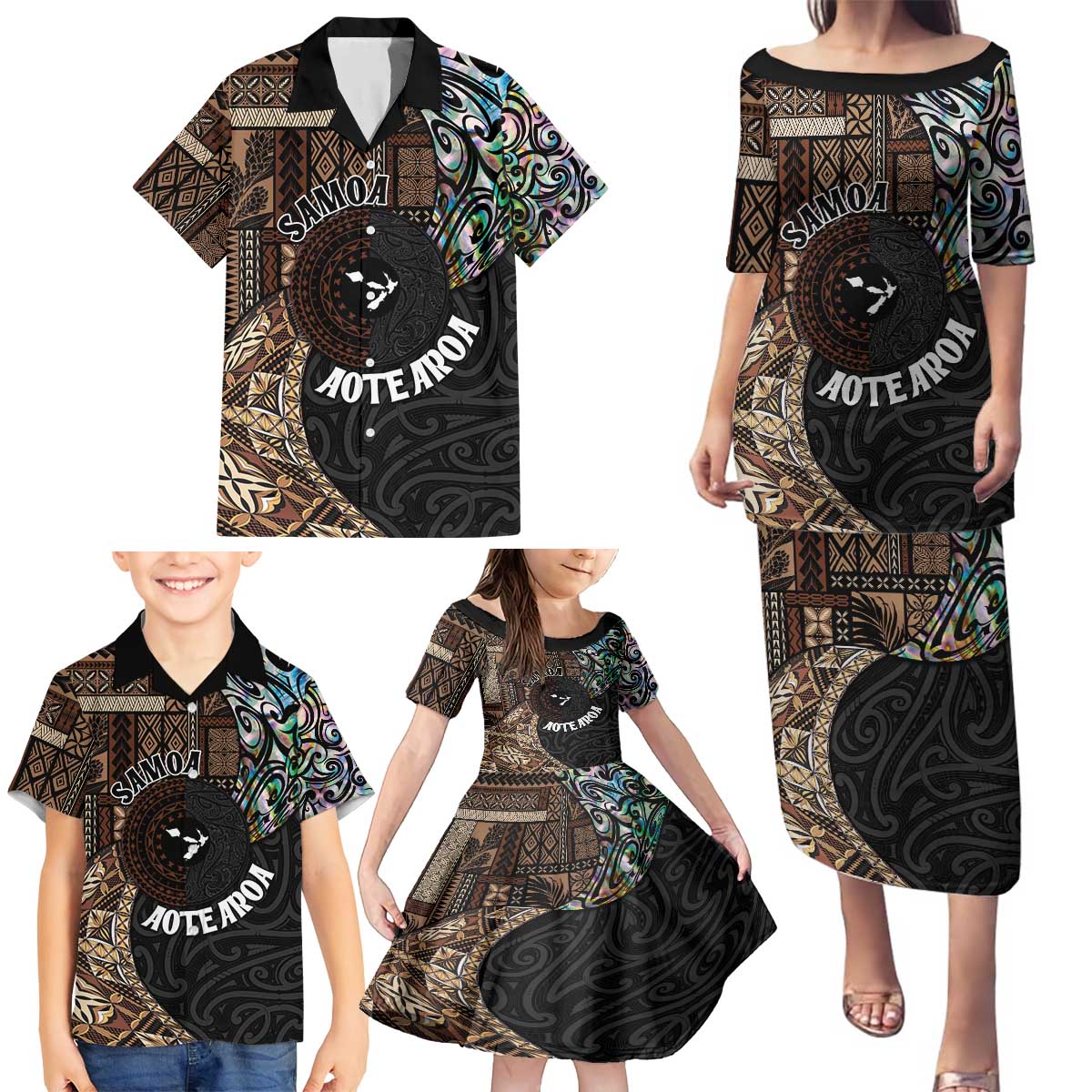 Samoa and New Zealand Together Family Matching Puletasi and Hawaiian Shirt Siapo Motif and Maori Paua Shell Pattern LT03 - Polynesian Pride
