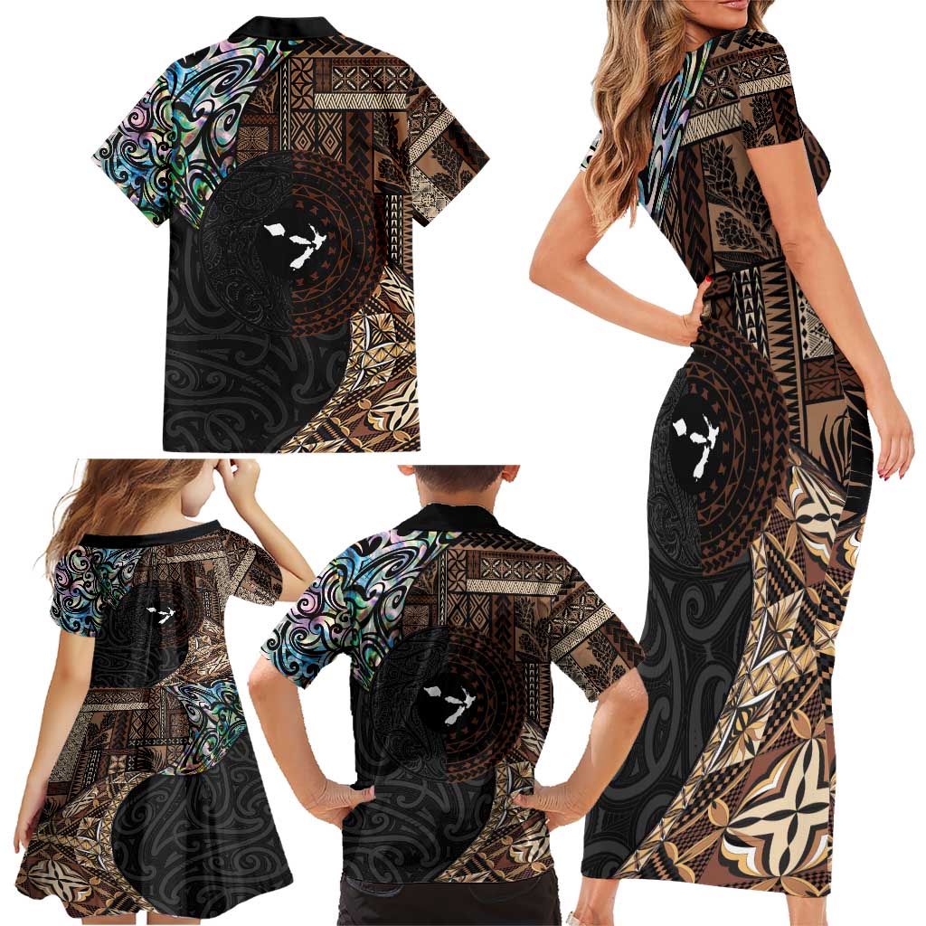 Samoa and New Zealand Together Family Matching Short Sleeve Bodycon Dress and Hawaiian Shirt Siapo Motif and Maori Paua Shell Pattern LT03 - Polynesian Pride