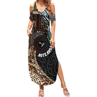 Samoa and New Zealand Together Family Matching Summer Maxi Dress and Hawaiian Shirt Siapo Motif and Maori Paua Shell Pattern LT03 Mom's Dress Black - Polynesian Pride