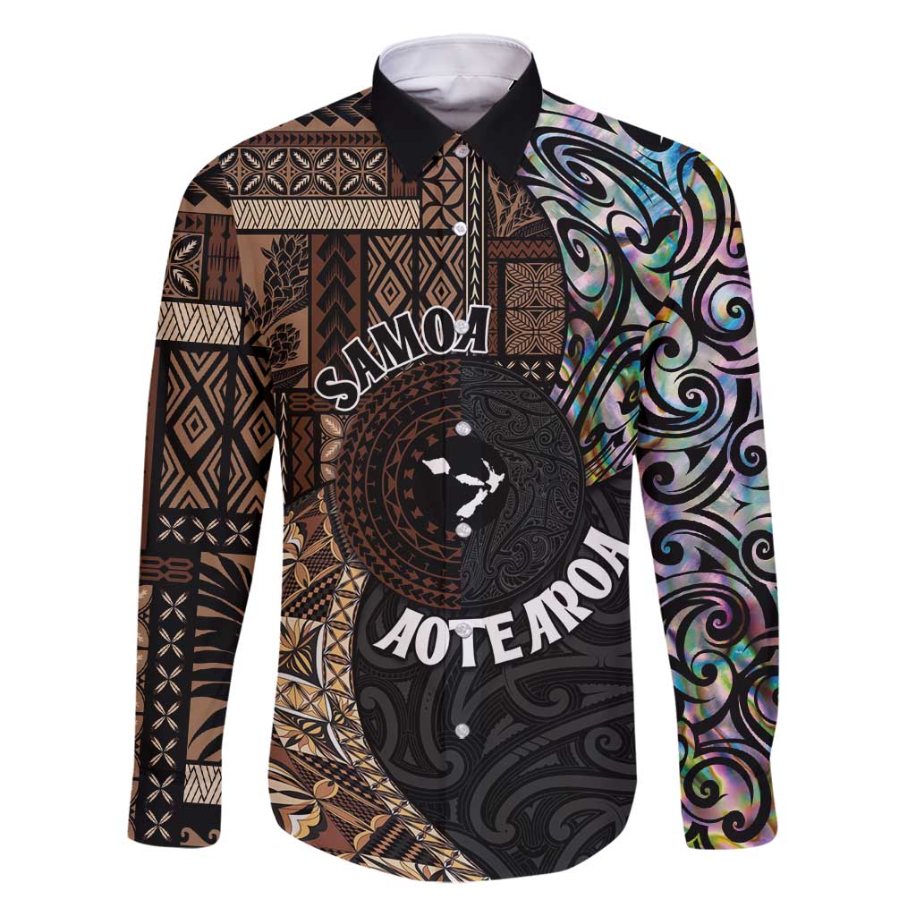 Samoa and New Zealand Together Family Matching Tank Maxi Dress and Hawaiian Shirt Siapo Motif and Maori Paua Shell Pattern LT03 Dad's Shirt - Long Sleeve Black - Polynesian Pride