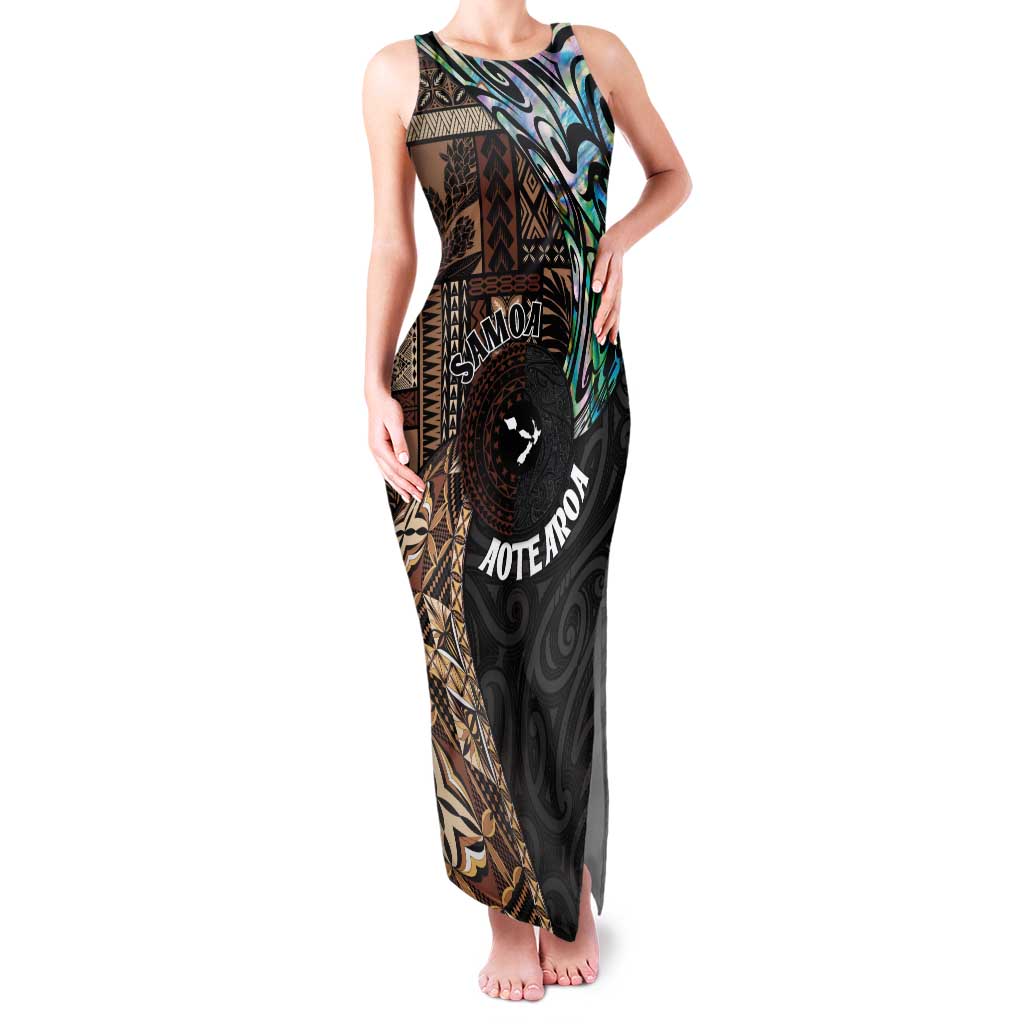 Samoa and New Zealand Together Family Matching Tank Maxi Dress and Hawaiian Shirt Siapo Motif and Maori Paua Shell Pattern LT03 Mom's Dress Black - Polynesian Pride