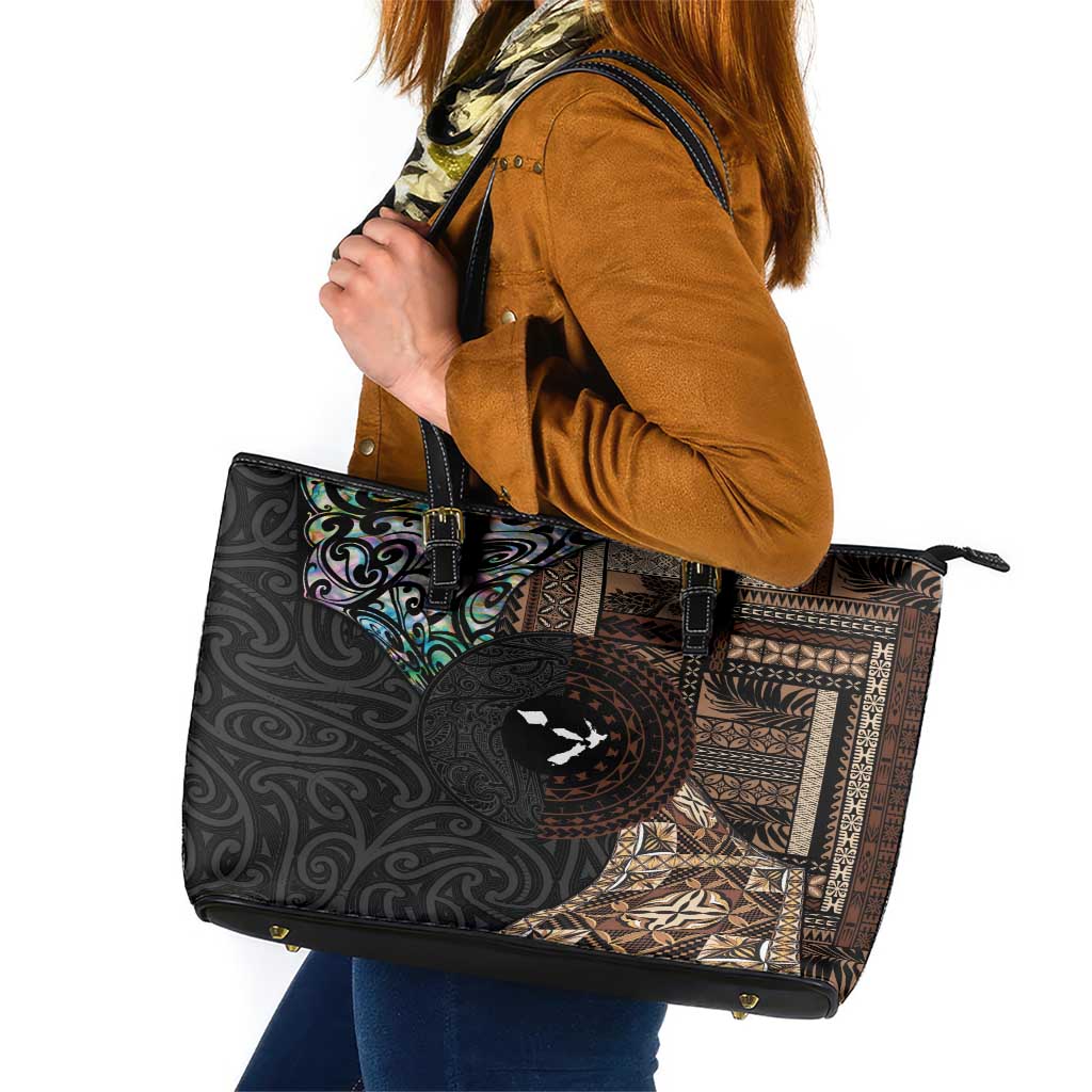 Samoa and New Zealand Together Leather Tote Bag Siapo Motif and Maori Paua Shell Pattern LT03 Black - Polynesian Pride