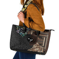 Samoa and New Zealand Together Leather Tote Bag Siapo Motif and Maori Paua Shell Pattern LT03 Black - Polynesian Pride