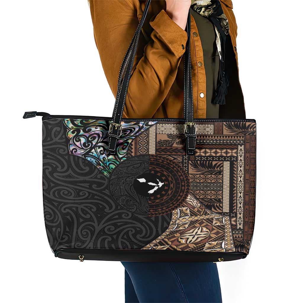Samoa and New Zealand Together Leather Tote Bag Siapo Motif and Maori Paua Shell Pattern LT03 - Polynesian Pride