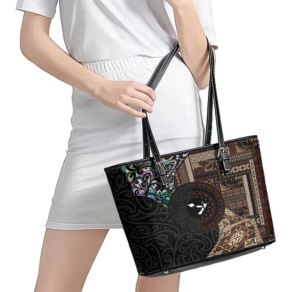 Samoa and New Zealand Together Leather Tote Bag Siapo Motif and Maori Paua Shell Pattern LT03 - Polynesian Pride
