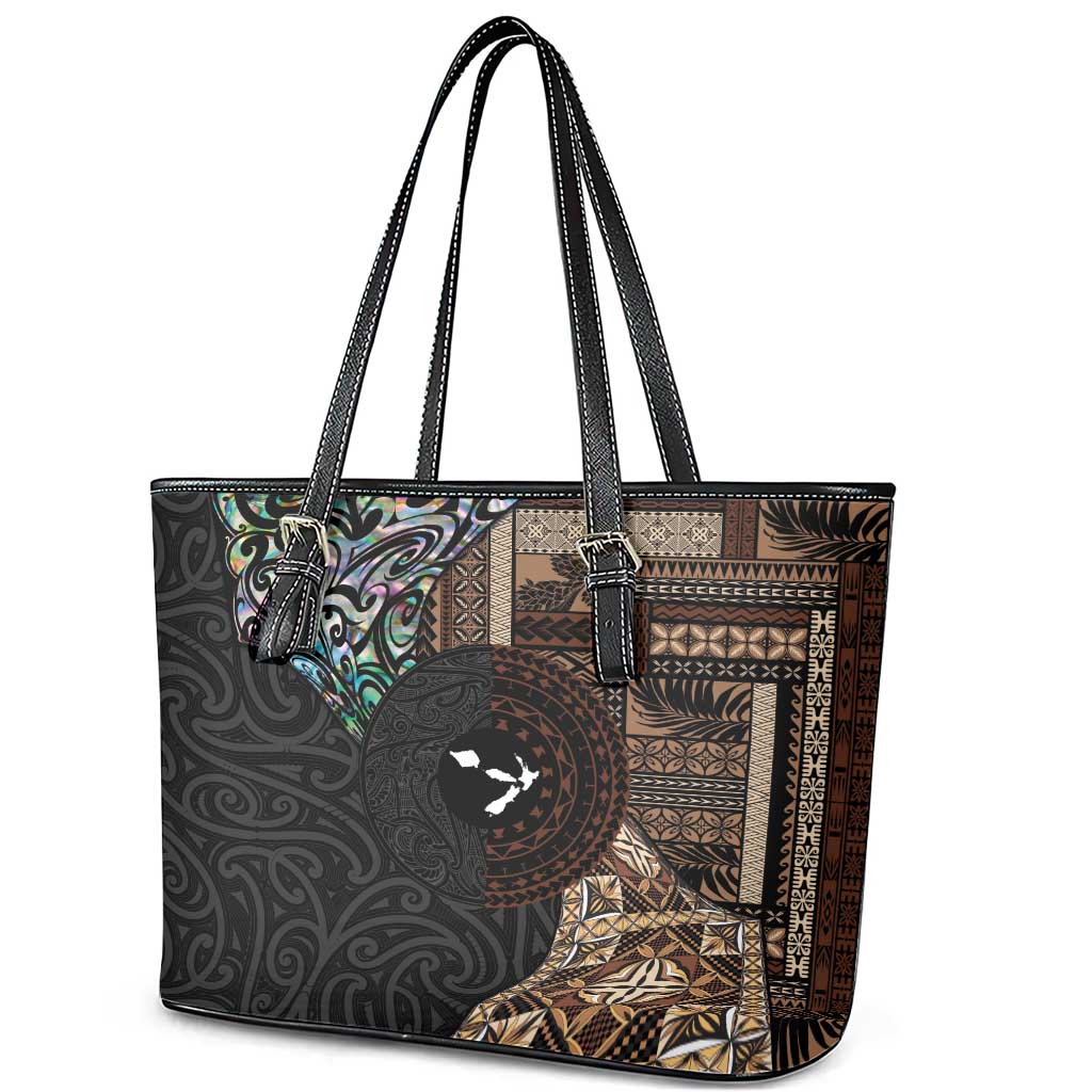 Samoa and New Zealand Together Leather Tote Bag Siapo Motif and Maori Paua Shell Pattern LT03 - Polynesian Pride